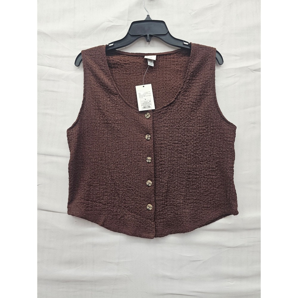 A‎ New Day Womens Textured Button Front Vest Dark Brown Size L NWT 018011672